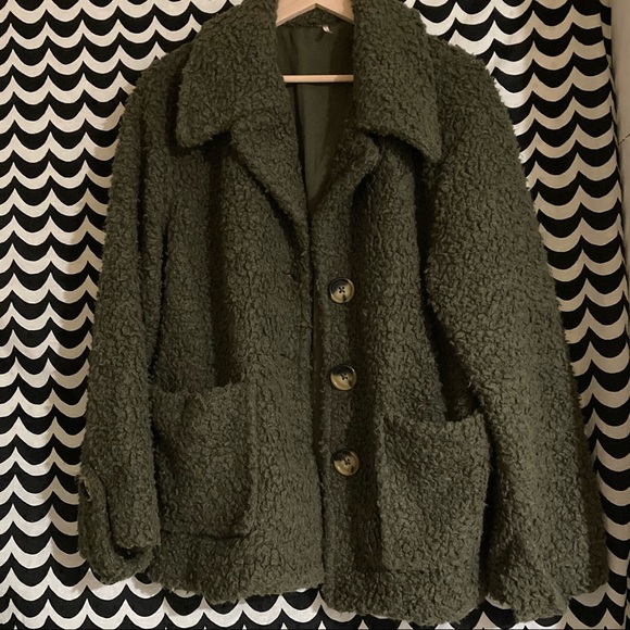FREE PEOPLE Olive green fuzzy boucle jacket SZ L - Picture 2 of 5